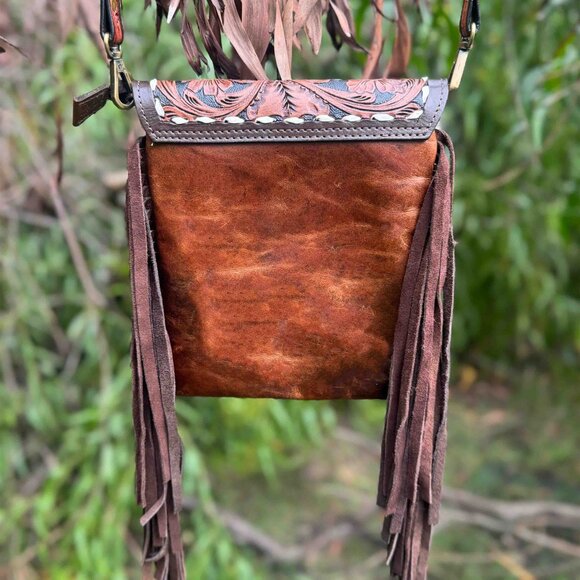 Western Fringe Purse, Tooled Cowhide Tote Bag with Detachable Crossbody Strap - Picture 5 of 7